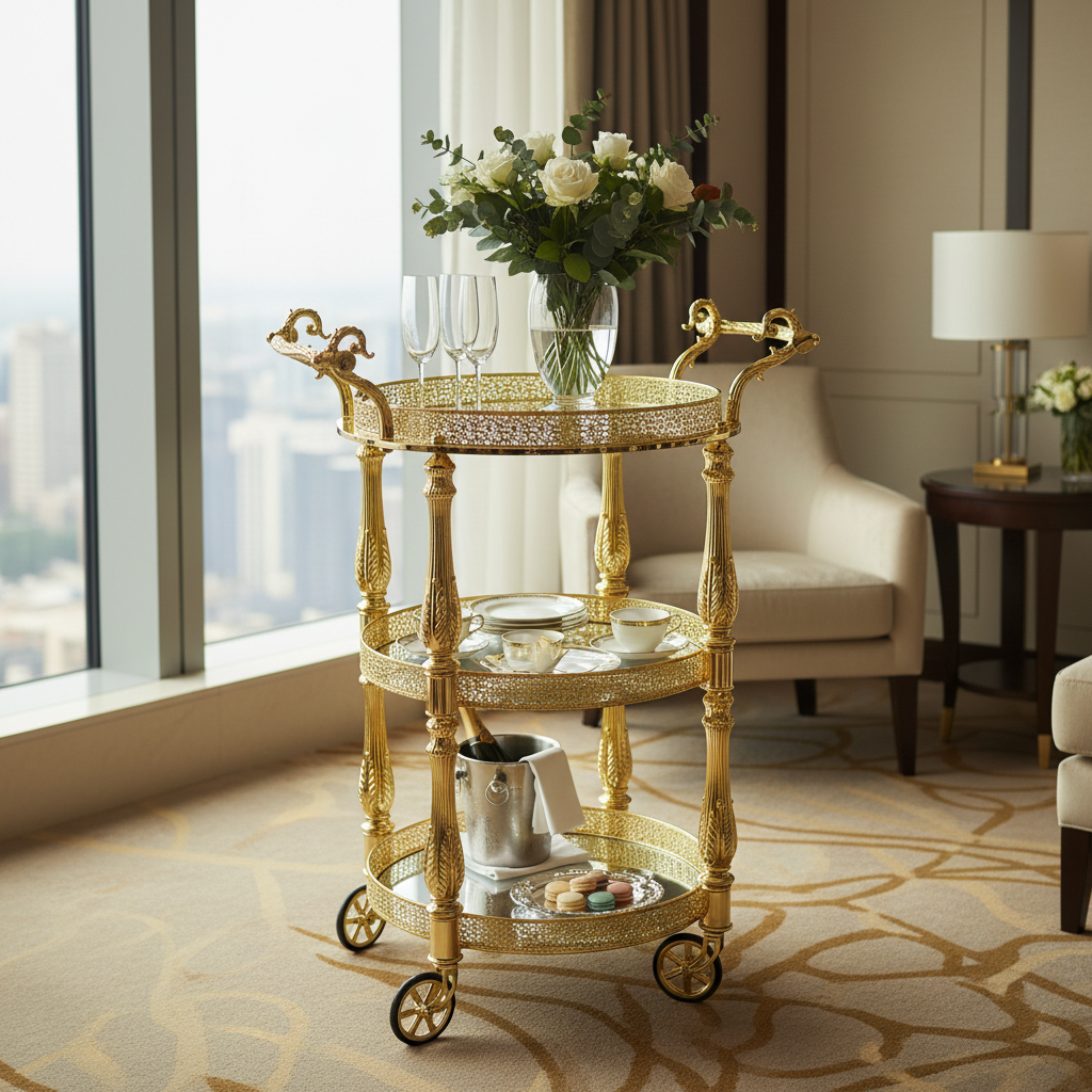 MayFlower 3-Tier Round Gold Metal & Glass Serving Trolley with Ornate Filigree Design and Caster Wheels – 90×50cm | Luxury Hospitality & Majlis Tea Cart |