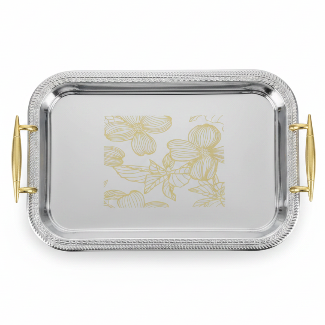 Maximan Premium Silver & Gold Stainless Steel Serving Tray with Handles — 40×29 cm
