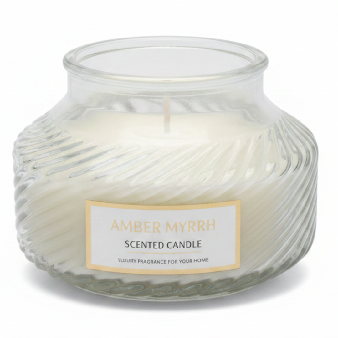Scented Candle in Ribbed Glass Jar | Long-Lasting Home Fragrance | 8×8 cm | White Musk / Amber Myrrh / Wild Bluebell / Fresh Freesia