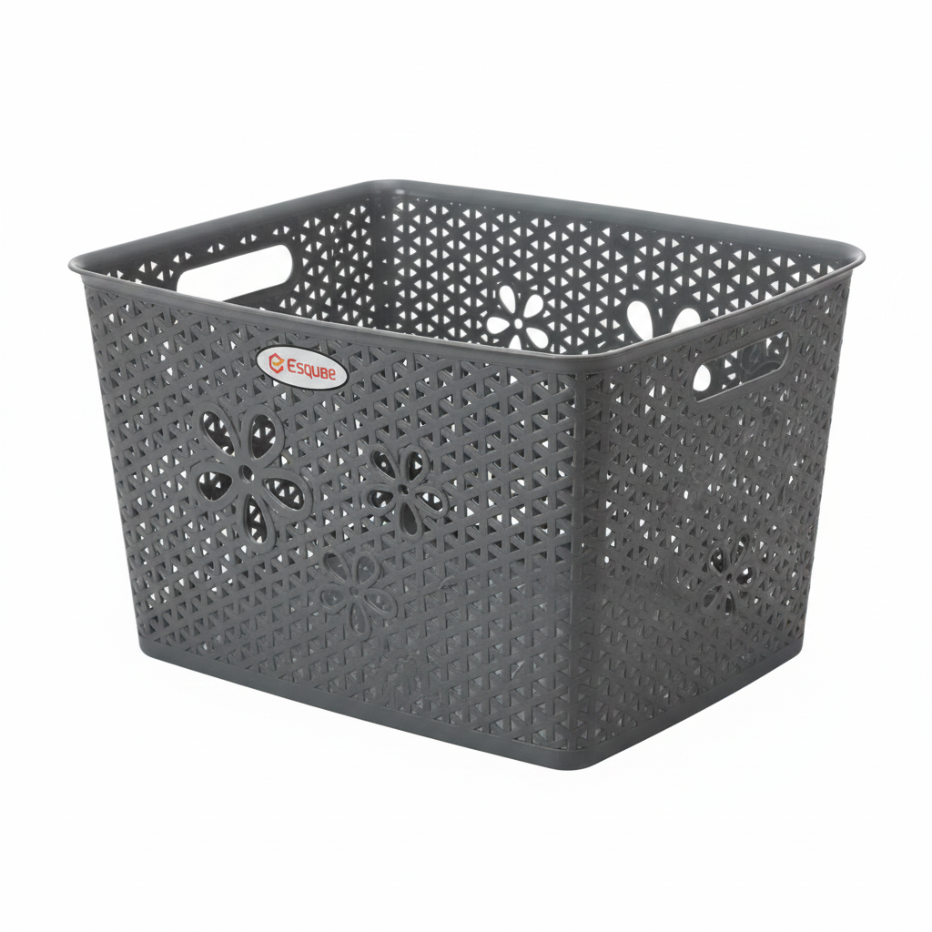Esqube Plastic Laundry Basket with Floral Lattice Design - 25 × 40 × 33 cm - Brown / Beige / Light Blue / Grey