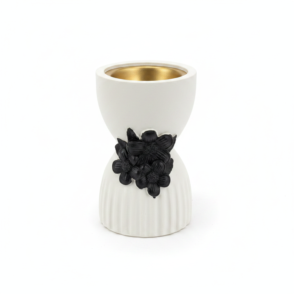 Chalk Incense Burner With Black  Floral Accent- 10×6cm - White / Cream