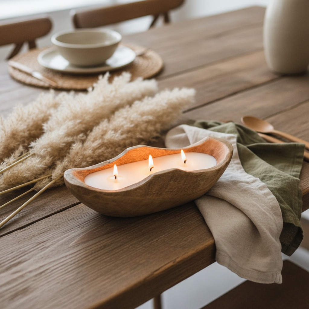 Wooden Boat Candle Bowl | Triple Wick White Wax Candle in Natural Dough Bowl | Luxury Home Decor Centerpiece | 27×12cm