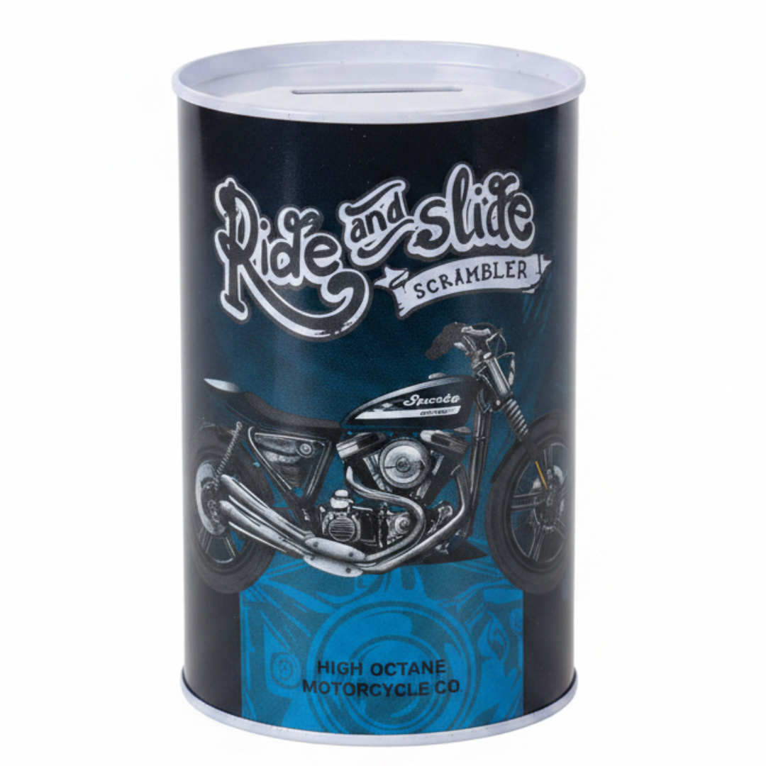 Ride and Slide Scrambler Metal Coin Saving Bank Tin Box | Motorcycle Graphic Piggy Bank for Kids & Adults | Cylindrical Money Box with Slot Lid | 13×8cm | Dark Navy Blue