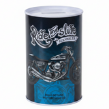 Ride and Slide Scrambler Metal Coin Saving Bank Tin Box | Motorcycle Graphic Piggy Bank for Kids & Adults | Cylindrical Money Box with Slot Lid | 13×8cm | Dark Navy Blue