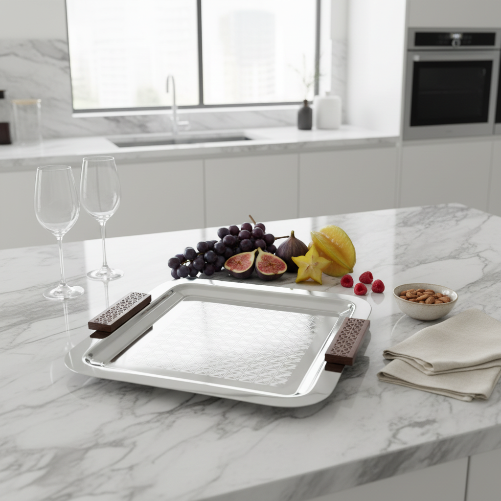 Luhpar Silver Square Stainless Steel Serving Tray with Wooden Handles - 37×37cm