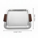 Luhpar Silver Square Stainless Steel Serving Tray with Wooden Handles – 30×30cm