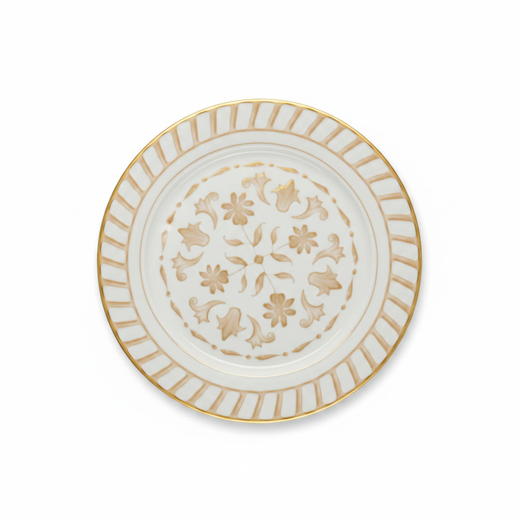 Luhpar White & Gold Floral Embossed Round Ceramic Dinner Plate - 10.5 Inch