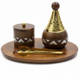 Almarjan Luxury Oval Bakhoor Burner | Brown Wood & Gold Metal | Premium Arabian Incense Holder 31×21cm