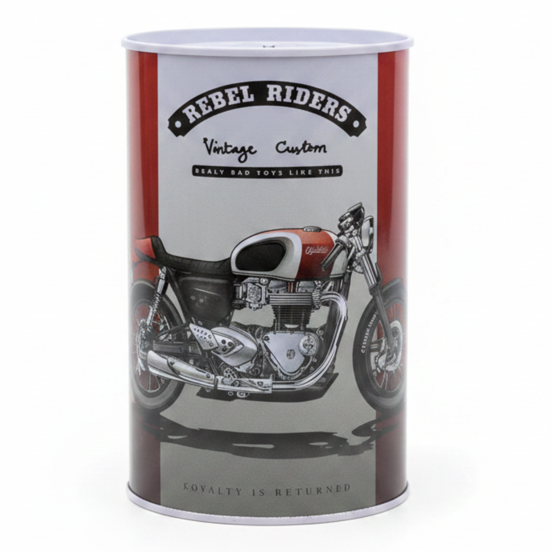 Rebel Riders Vintage Custom Metal Coin Piggy Bank Tin Box – Motorcycle Savings Box for Kids | 13×8 cm