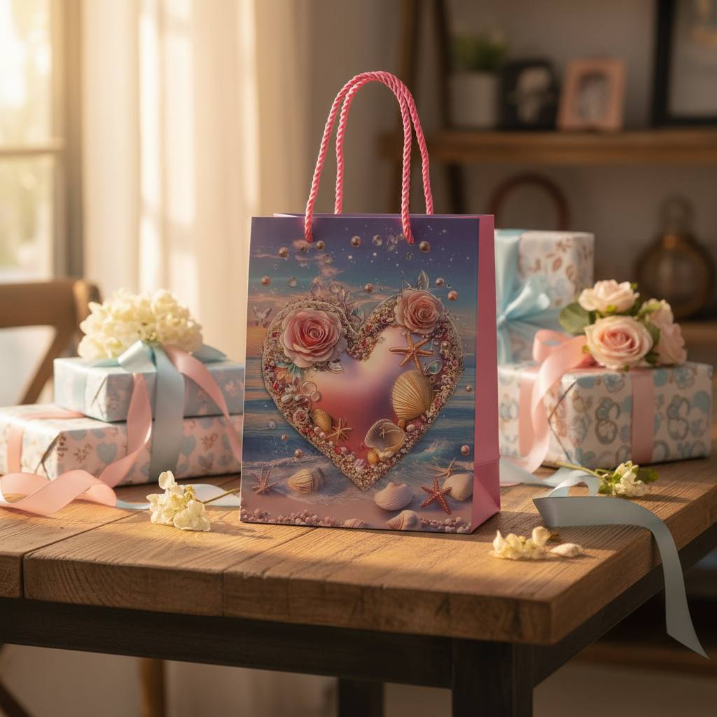 Blue & Pink Ocean Heart Paper Gift Bag -  23×18cm
