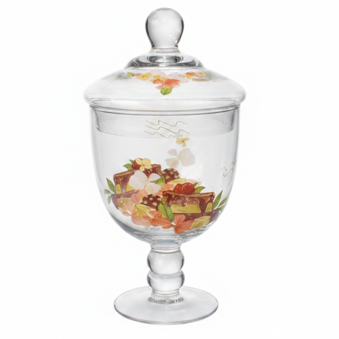 Elegant Floral Glass Candy Jar with Lid – 1600ml