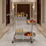 Pilsco 3-Tier Silver Chrome Metal Ornate Serving Trolley with Round Side Tray and Wheels | Majlis & Hospitality Tea Cart | 70cmx60x34cm
