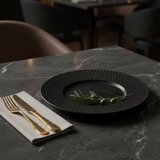Black Ceramic Round Dinner Plate with Embossed Radial Rim – 10.5 Inch