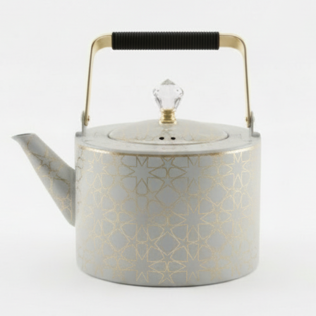 Grey & Gold Metal Kettle – 2 Litre | Elegant Crystal Lid Knob | Geometric Engraved Luxury Tea Kettle for Arabic Hospitality & Gifting