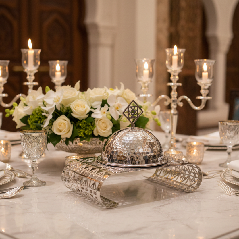 Silver Metal Candy Plate with Dome Lid & Decorative Base — 23×16cm