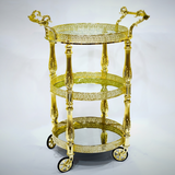 MayFlower 3-Tier Round Gold Metal & Glass Serving Trolley with Ornate Filigree Design and Caster Wheels – 90×50cm | Luxury Hospitality & Majlis Tea Cart |