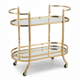 Life Smile 2-Tier Gold Metal & Glass Serving Trolley | Oval Cart with Wheels | 87×75×37 cm | Multi-Purpose Hospitality & Home Décor Trolley |