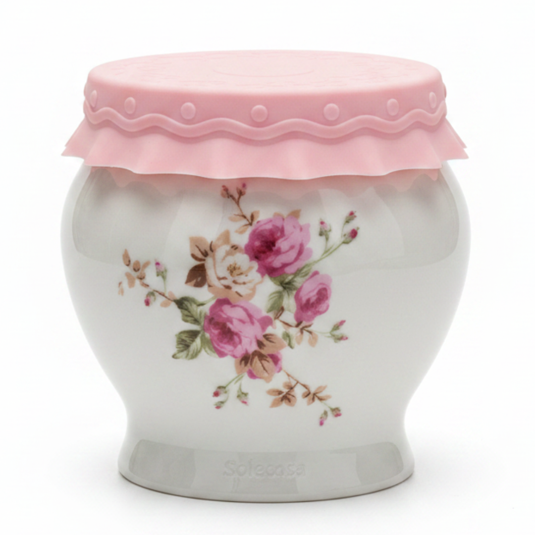 Solecasa White Ceramic Honey Jar with Floral Design & Pink Silicone Lid — 300ml