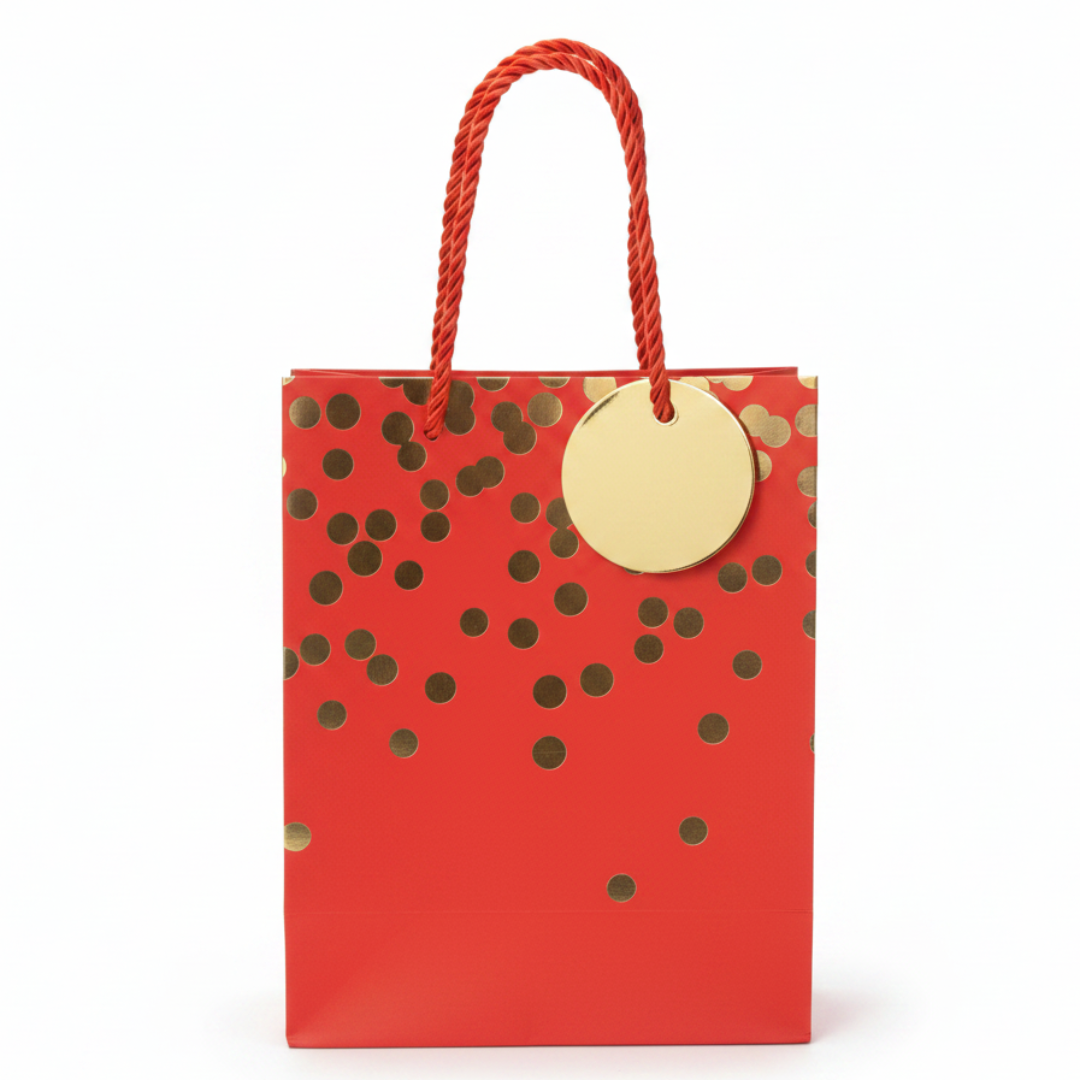 Yina Red & Gold Polka Dot Paper Gift Bag with Twisted Rope Handles & Tag | 23×18cm |