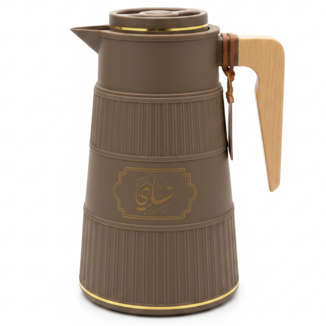 Germax Vacuum Flask 1 Litre | Insulated Arabic Thermos with Wooden Handle – Brown / Sage Grey / Cream