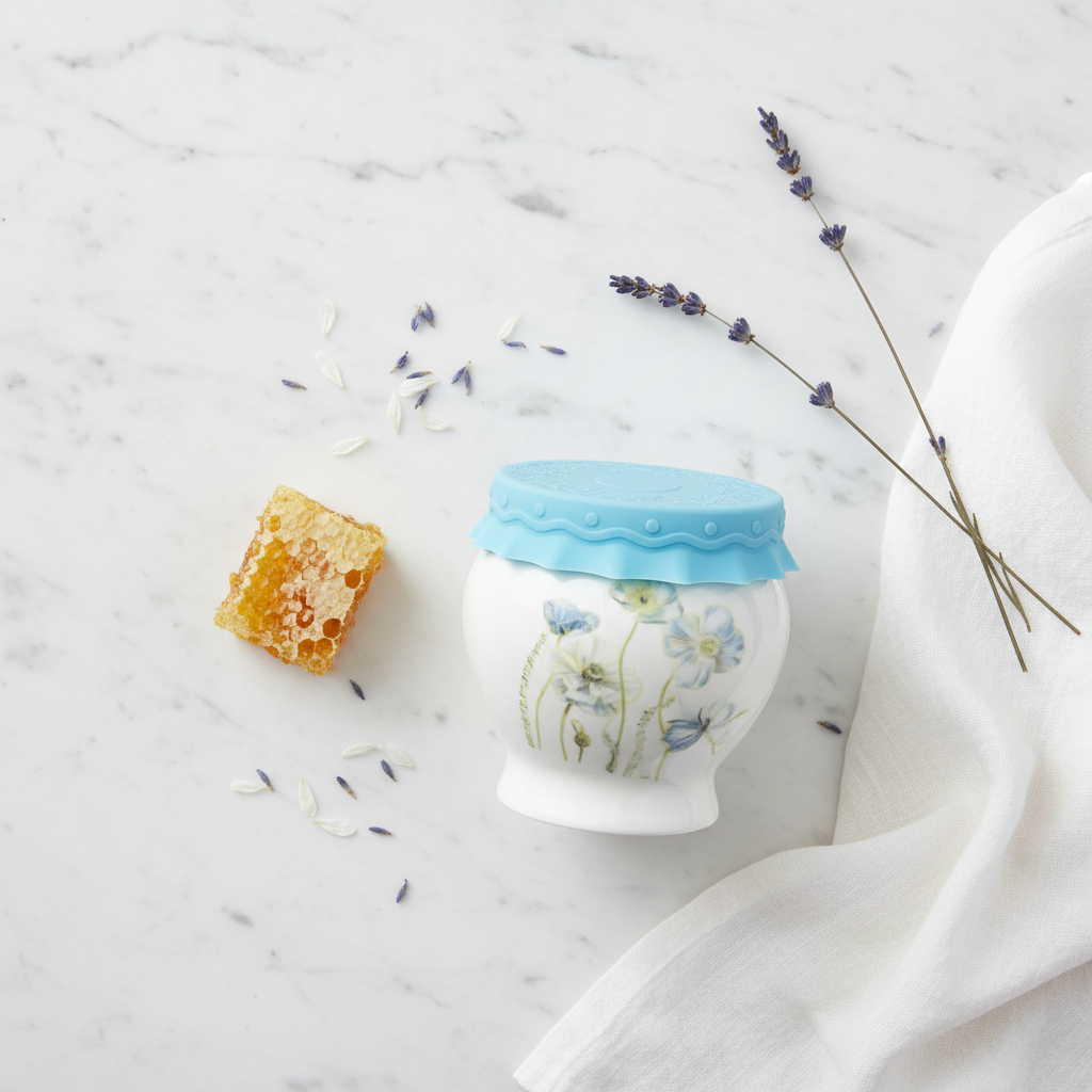 Solecasa White Ceramic Honey Jar with Flower Design & Blue Silicone Lid — 300ml