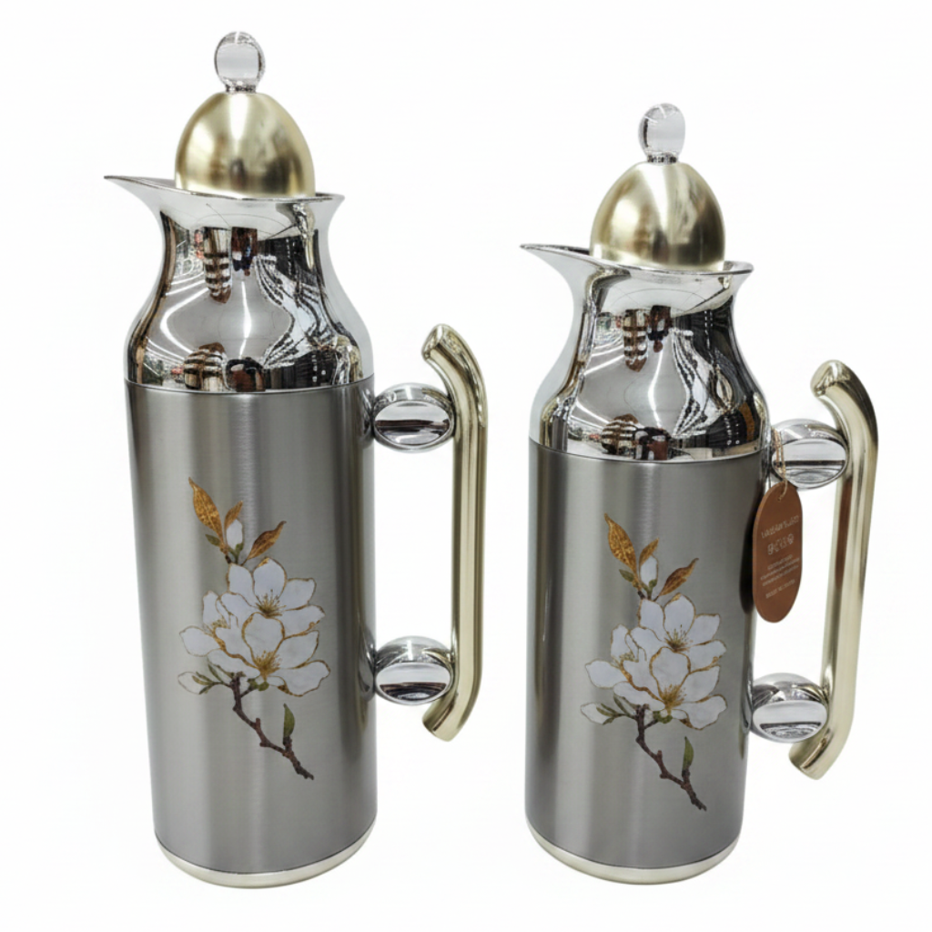 Mahra Vacuum Flask Set | 1L + 0.7L | Silver with Gold & Magnolia