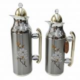 Mahra Vacuum Flask Set | 1L + 0.7L | Silver with Gold & Magnolia