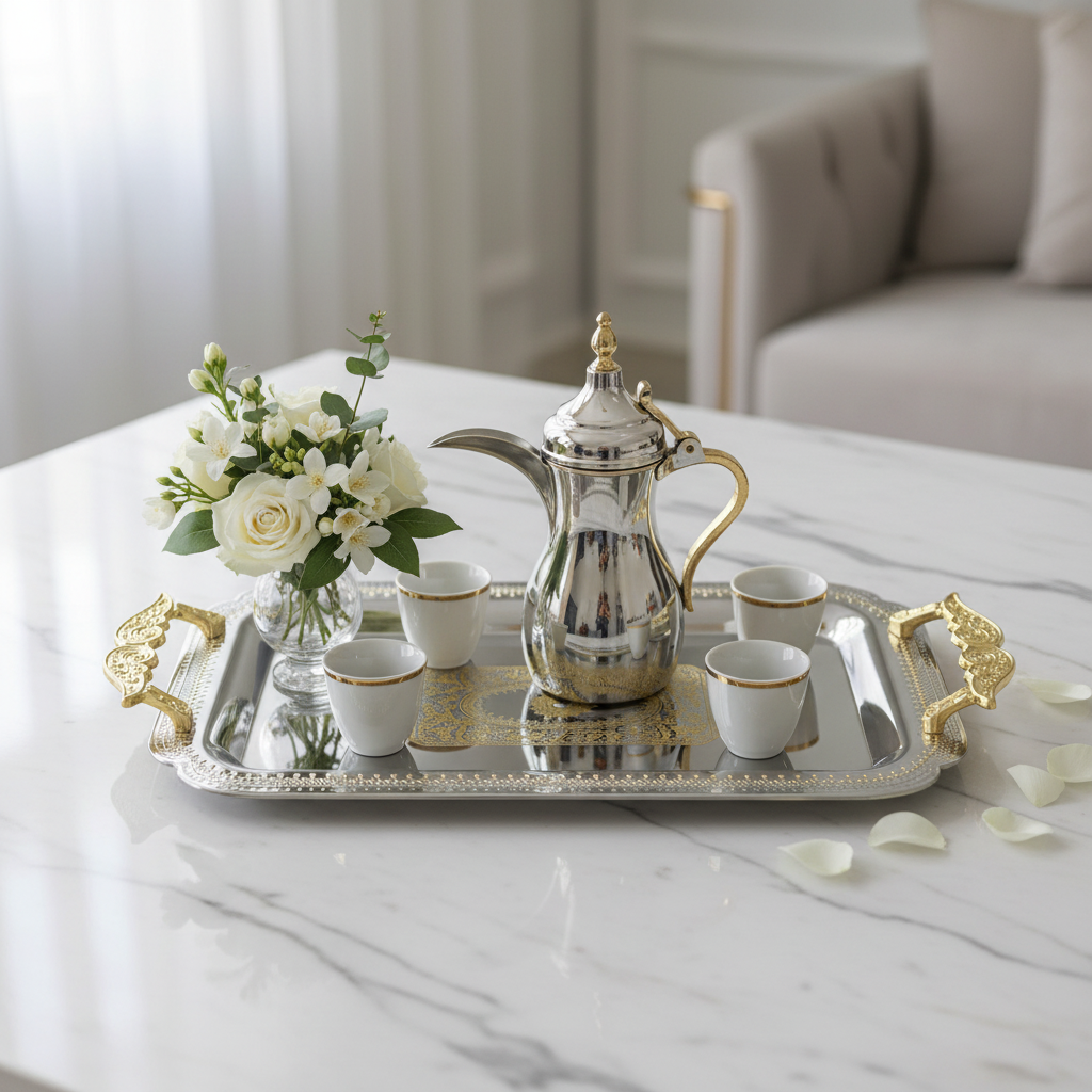 Maximan Luxury Silver & Gold Stainless Steel Serving Tray with Handles | 35.5 × 25 cm