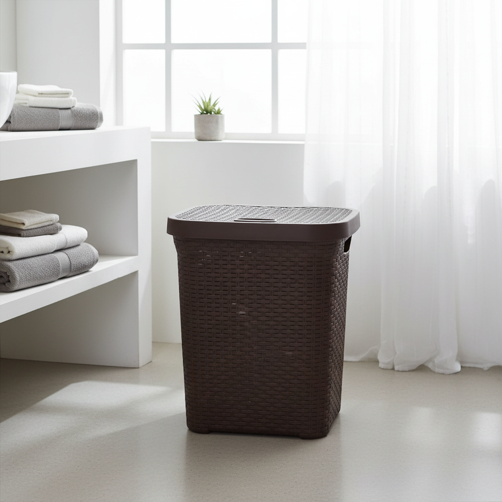 Esqube Delta Plastic Laundry Basket with Lid - 55 × 45 × 33 cm - Dark Brown / Grey / Black