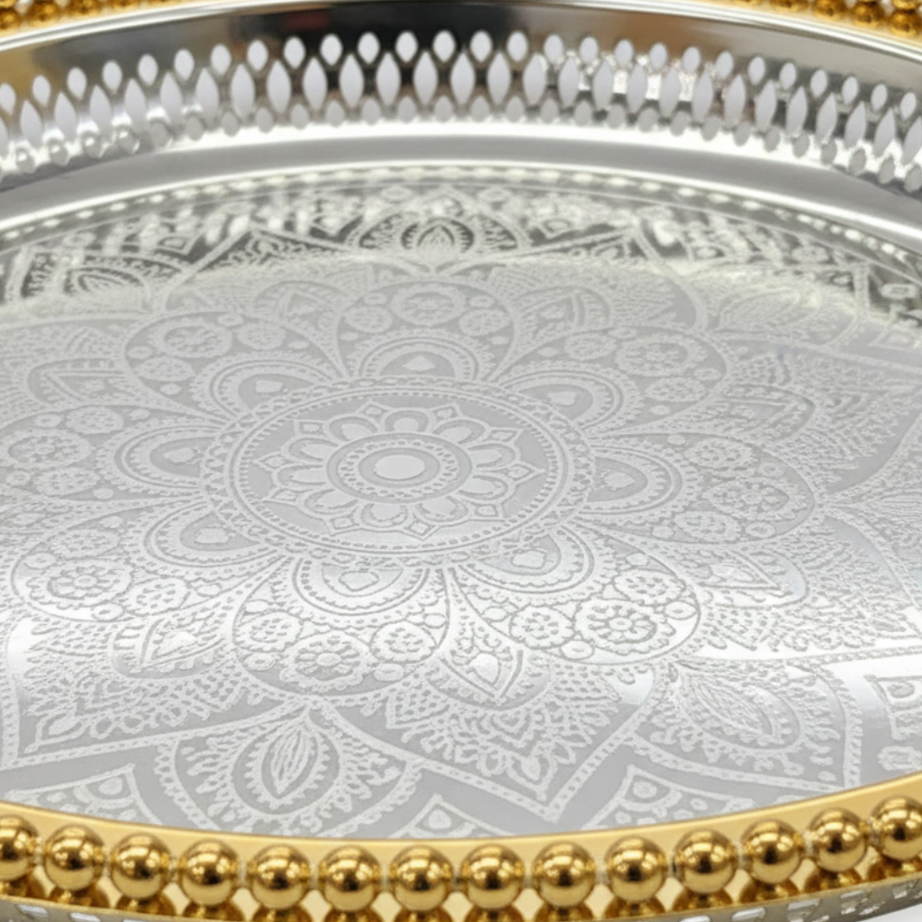 Zolten Gold & Silver Stainless Steel Round Footed Serving Tray - 35cm