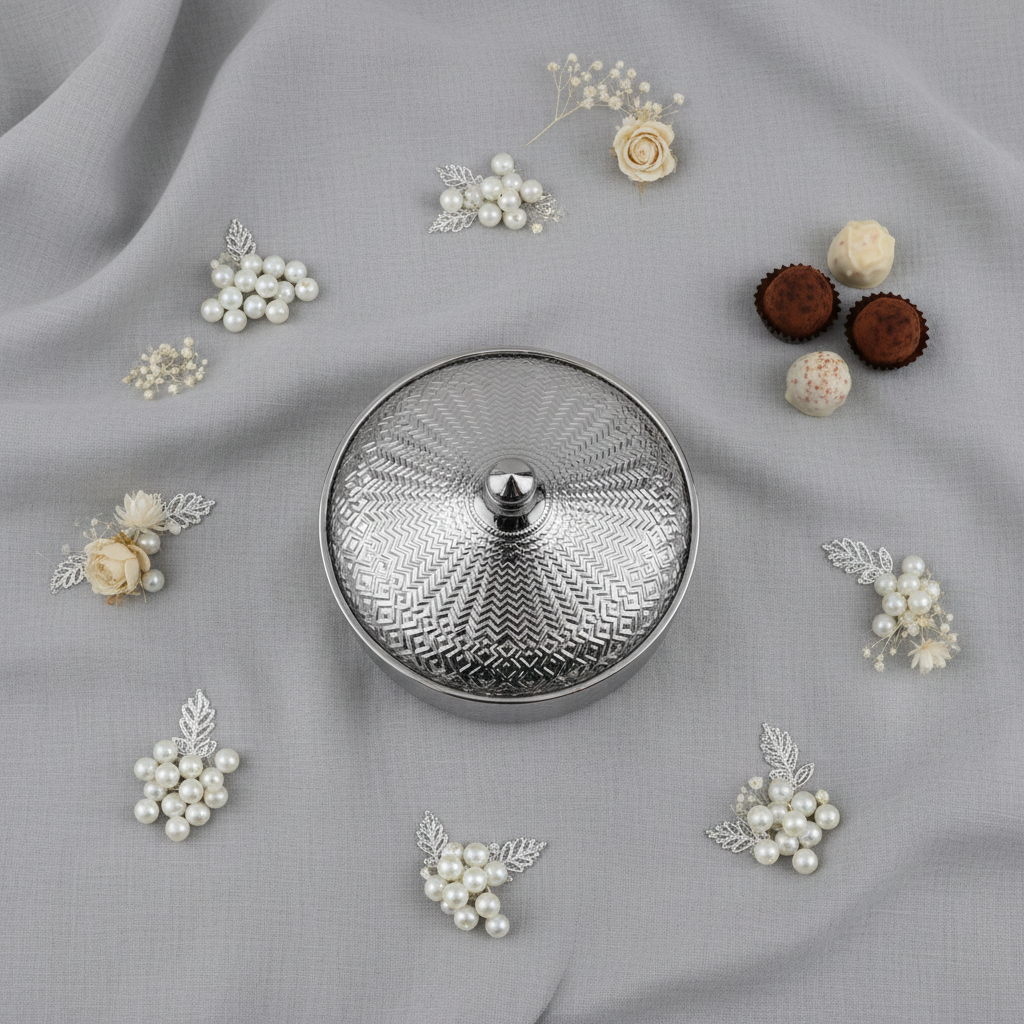 Luxury Ceramic Candy Bowl with Lid | Embossed Geometric Design | 23×7.5 cm | Gold & White,Silver & White |