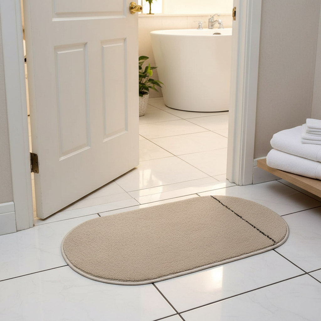 Oval Door Mat | Non-Slip Plush Entrance Rug with Accent Stripe | 62 × 38cm | Beige | Ideal for Home Entryway, Bathroom & Living Room