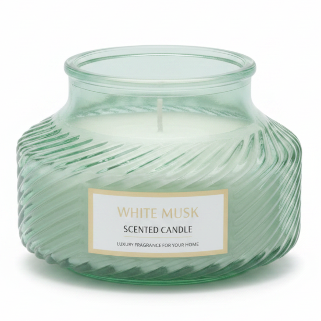 Scented Candle in Ribbed Glass Jar | Long-Lasting Home Fragrance | 8×8 cm | White Musk / Amber Myrrh / Wild Bluebell / Fresh Freesia