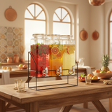 3 Pcs Classic Glass Beverage Dispenser Set with Metal Stand – 2.2L Each