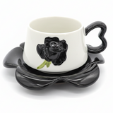 AKDC Ceramic Cup and Saucer Set – Black with White Flower Pattern, 350 ml Coffee & Tea Cup