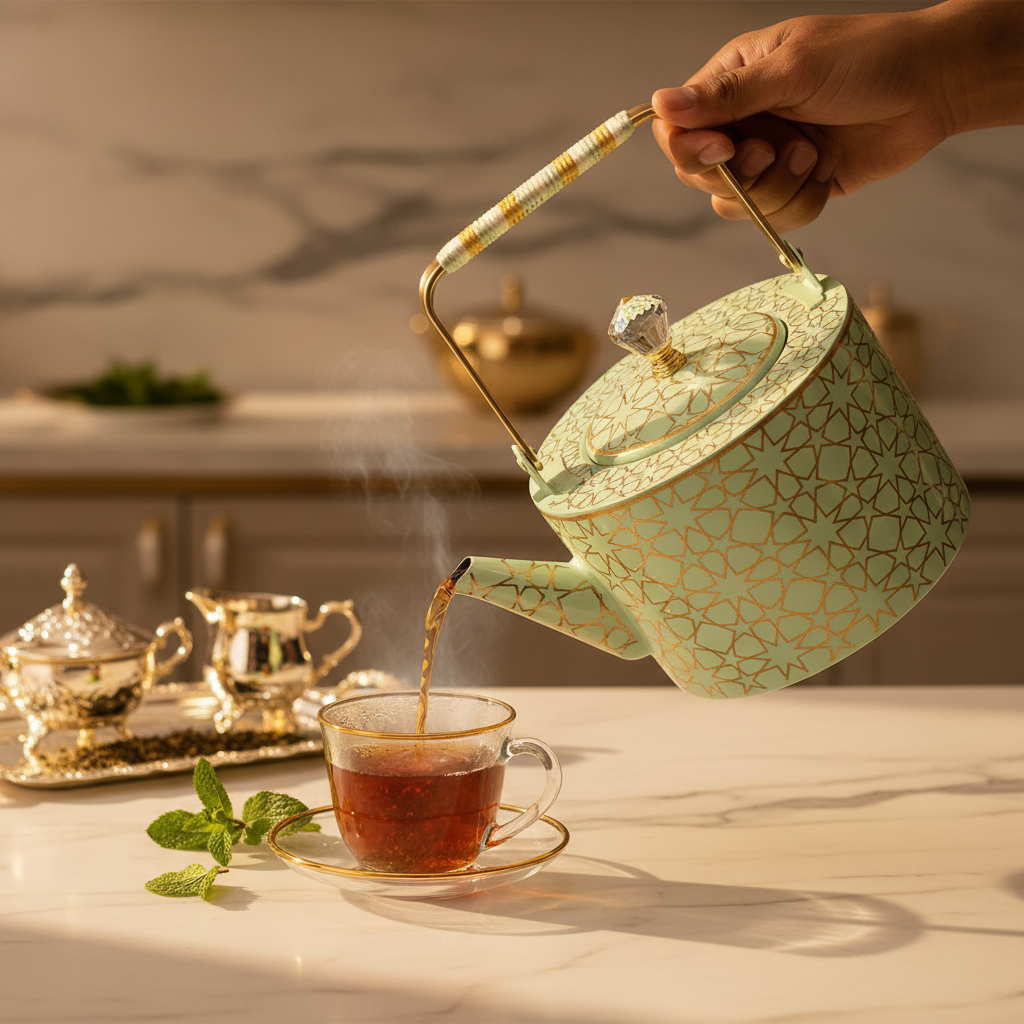 Mint Green & Gold Islamic Geometric Metal Tea Kettle with Crystal Lid Knob | Elegant Arabic Tea Serving Kettle | 2 Litre
