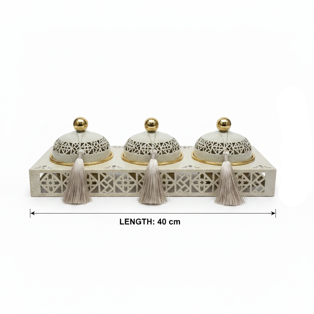 Cream & Gold Arabesque Candy Bowl with Holder — 3 Pcs Set - 40×15 cm