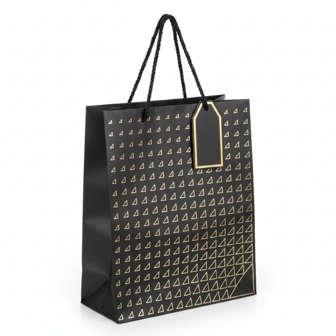 Paper Gift Bag with Gold Triangle Pattern & Rope Handles – 32×26cm | Premium Gift Packaging for All Occasions