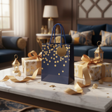 Yina Navy Blue & Gold Polka Dot Paper Gift Bag | Luxury Rope Handle Bag 23×18cm | Premium Gifting Bag for Birthdays, Weddings & Celebrations