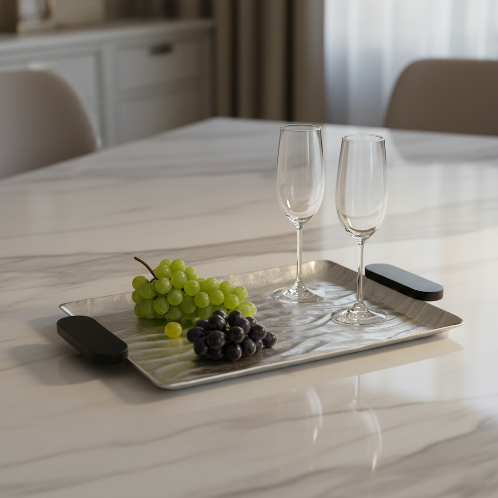 صينية تقديم مستطيلة من الألومنيوم بتصميم موجات من لوهبار مع مقابض خشبية سوداء - 40×26 سم - 74893-A