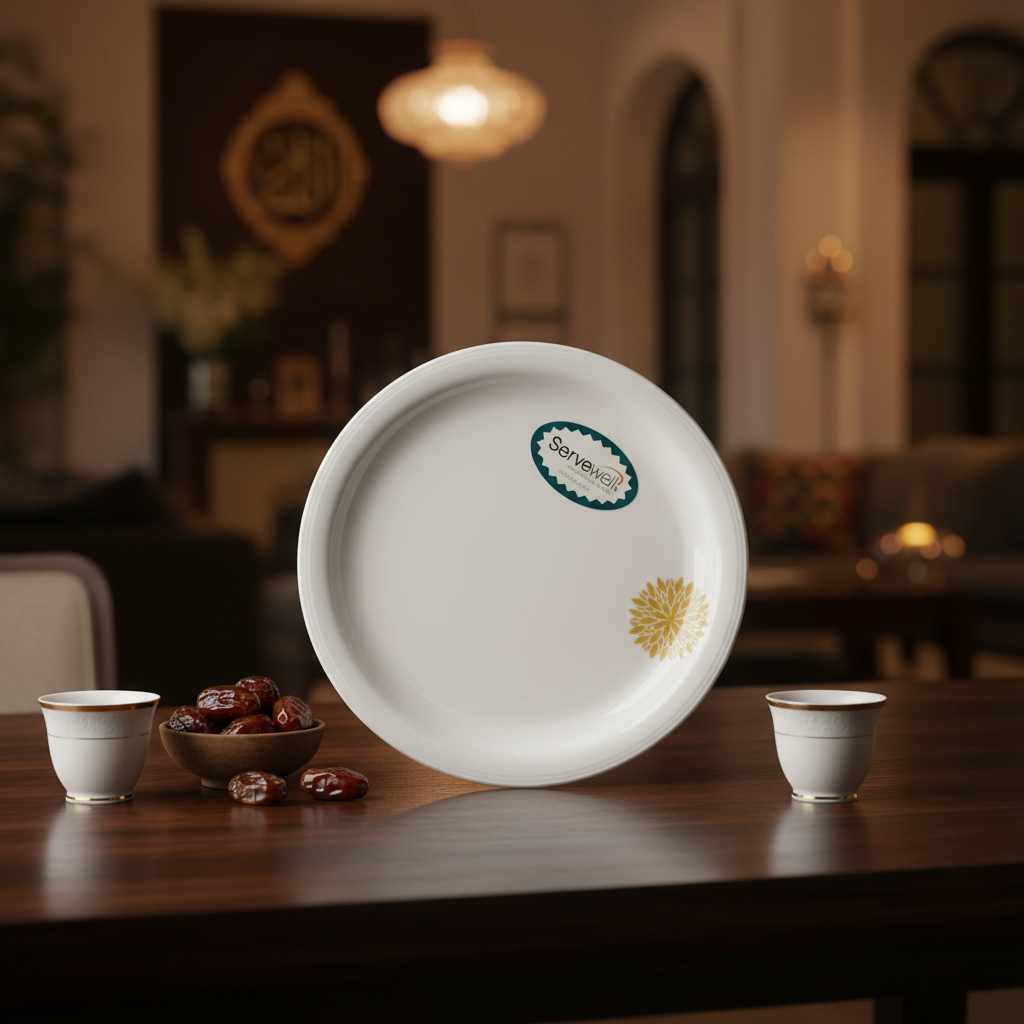 Servewell Off White Melamine Round Plate With Golden Leaves Design | 19CM