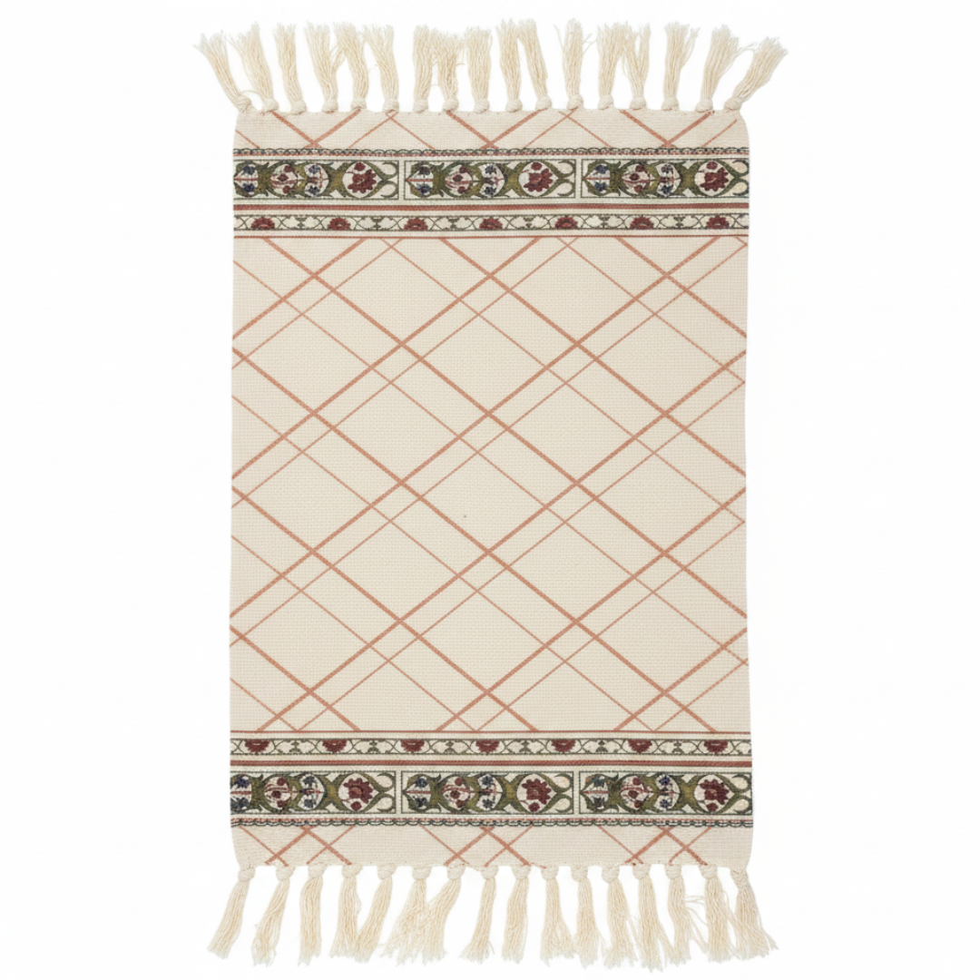 Traditional Diamond Lattice Woven Carpet with Tassel Fringe | 50% Cotton 50% Polyester | Cream Ivory | 60 x 90 cm | Handcrafted Flatweave Rug for Living Room, Bedroom & Majlis