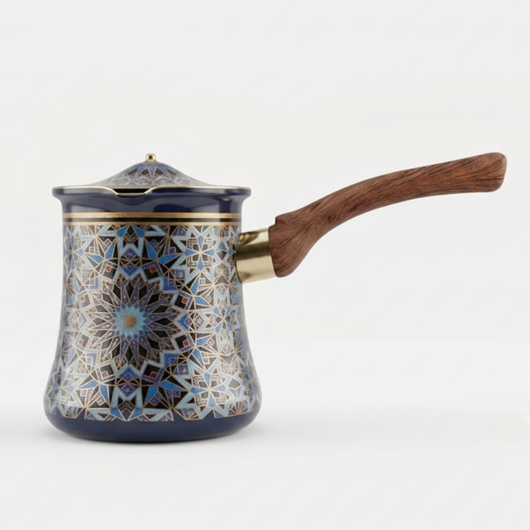 Blue & Black Decorative Metal Coffee Warmer with Mosaic Islamic Geometric Pattern, Wooden Handle & Lid – 200ml