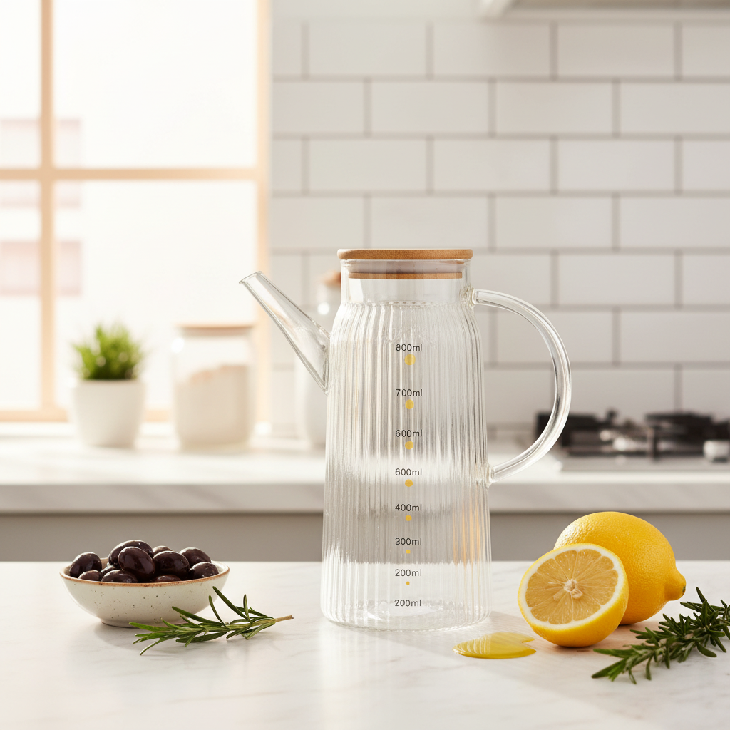Ribbed Glass Oil Pot with Bamboo Lid - 800ml
