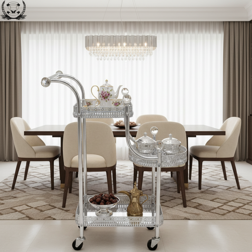 Pilsco 3-Tier Silver Chrome Metal & Glass Serving Trolley Cart with Ornate Filigree Design, Crystal Knob Accents & Rolling Casters | 67cm x 40cm x 30cm |