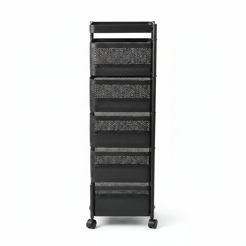 Black 5-Tier Square Metal Mesh Storage Basket Cart with Wheels - 90×25 cm
