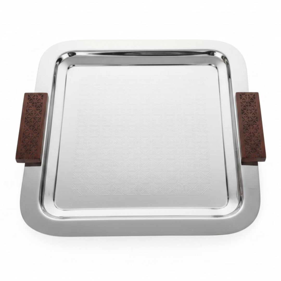 Luhpar Silver Square Stainless Steel Serving Tray with Wooden Handles - 37×37cm