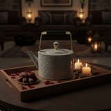 Grey & Gold Metal Kettle – 2 Litre | Elegant Crystal Lid Knob | Geometric Engraved Luxury Tea Kettle for Arabic Hospitality & Gifting