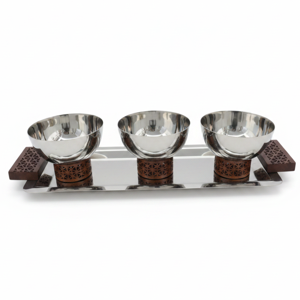 Luhpar Silver Rectangle Stainless Steel Serving Tray with 3 Wooden Footed Bowls - 33×13 cm