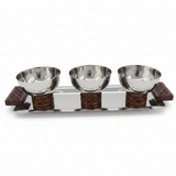 Luhpar Silver Rectangle Stainless Steel Serving Tray with 3 Wooden Footed Bowls - 33×13 cm